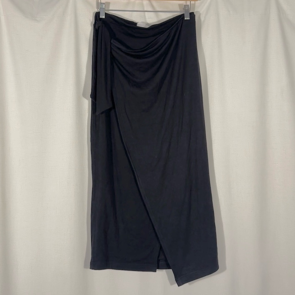 Black Wrap Style Side Tie Midi Skirt
